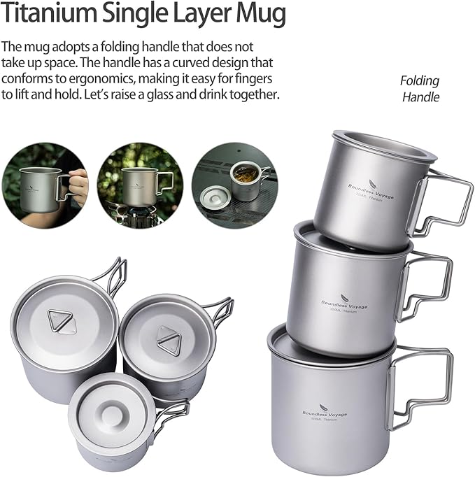 iBasingo Titanium Cup Set with Lid Foldable Handle Single-walled Camping Mug - Image 3