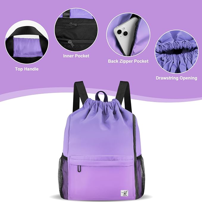 Drawstring Backpack with Mesh Pockets String Gym Bag Sackpack Sandproof Water - Image 4