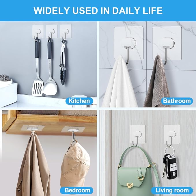 JINSHUNFA Adhesive Wall Hooks 13LB Heavy Duty No Drill Large Transparent - Image 3