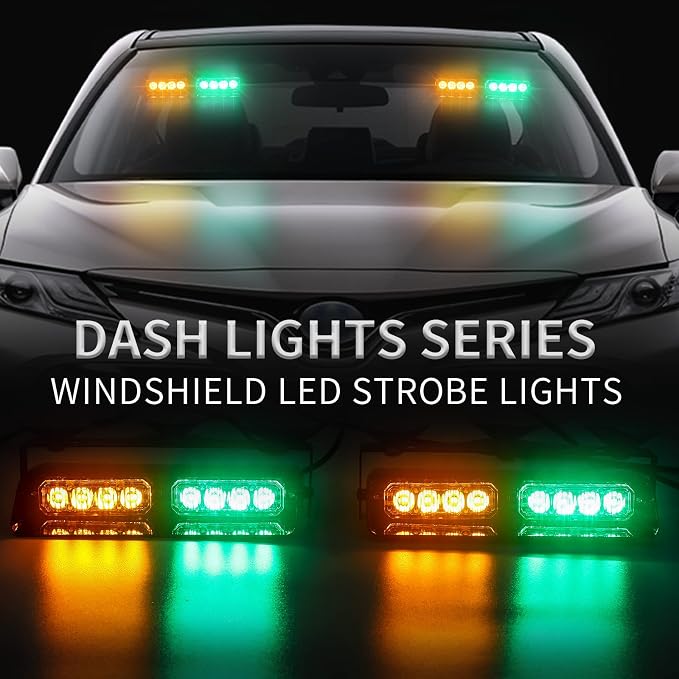 XRIDONSEN 2 in 1 Dash Emergency Strobe Lights Front/Rear Amber Green Windshield - Image 2