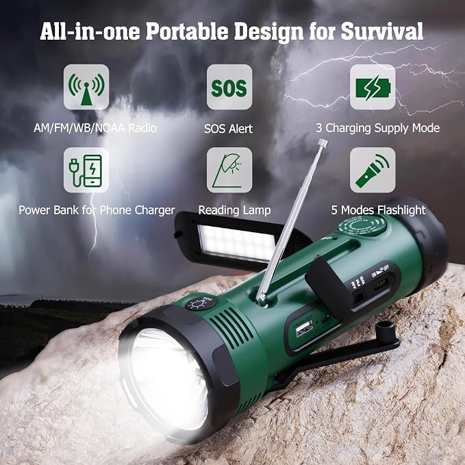 Emergency Radio with 5-Mode LED Flashlight, Solar Hand Crank NOAA Weather Radio - Image 2