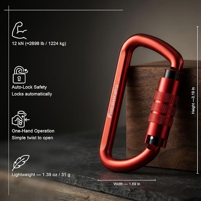 FresKaro 3inch 12kN-2698lbs Auto Locking Carabiner Clips, Solid D Shape - Image 2