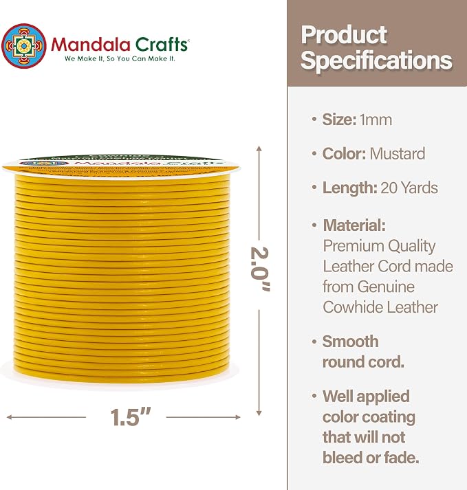 Mandala Crafts Round Genuine Mustard Yellow Leather Cord - Image 4