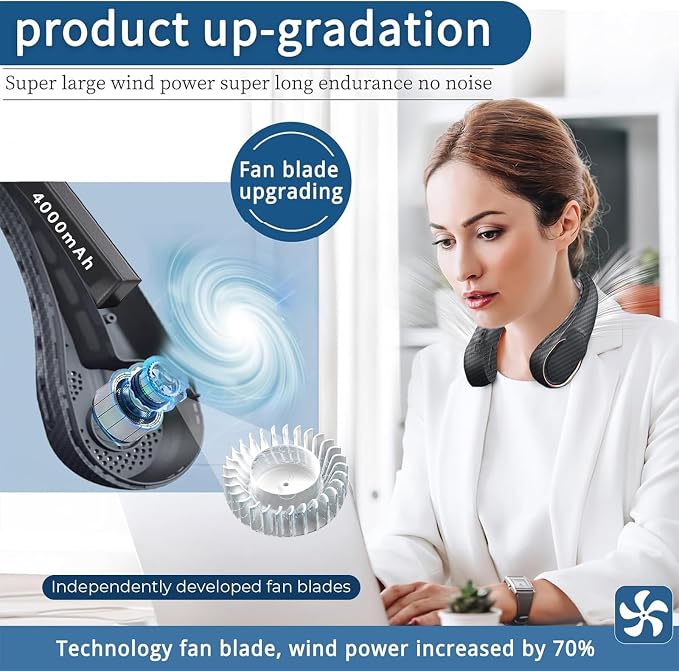 ASNUG Neck Fan, Bladeless Neck Fan, 4000 mAh Rechargeable Personal Fan - Image 2