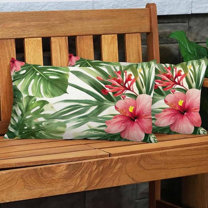 EKOBLA Watercolor Tropical Floral Pillow Cover Hawaii Palm Tree Hibiscus Square - Image 4