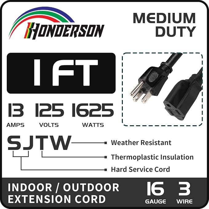Extension Cord, UL Certified, 16 Gauge 1FT Black 3 Prong Heavy Duty, 16/3 SJTW - Image 2