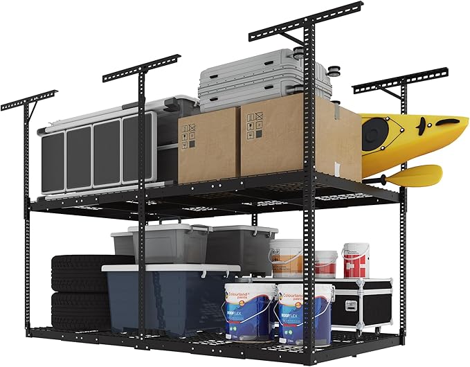 FLEXIMOUNTS 4x8 2-Tier Overhead Garage Storage Rack – Adjustable Heavy Duty by FLEXIMOUNTS