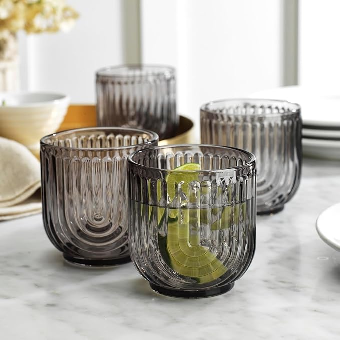16 Piece Smoke Glassware Set, Art Deco Black Drinking Glasses, Ribbed U-Shape - Image 6