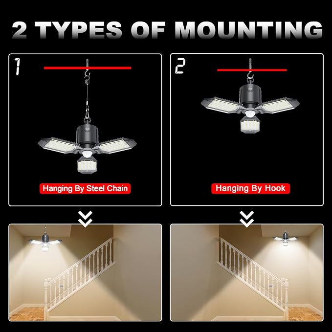 Motion Sensor Garage Light Plug in, 8000LM Shop Light 3 Modes, 3 Deformable LED - Image 6