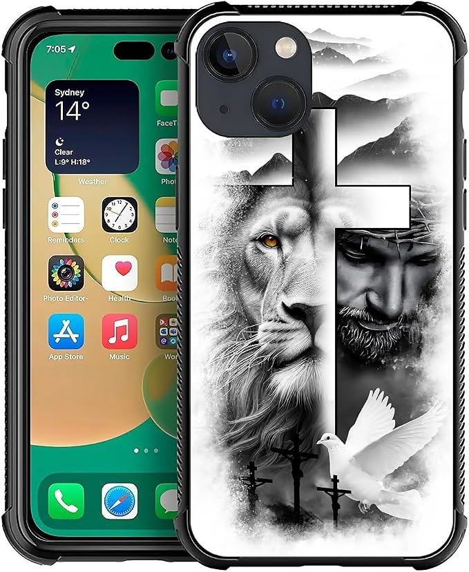 for iPhone 14 Plus Case, Lion Cross Jesus Christ Dove Pattern Made of Soft by FKBRCL4U