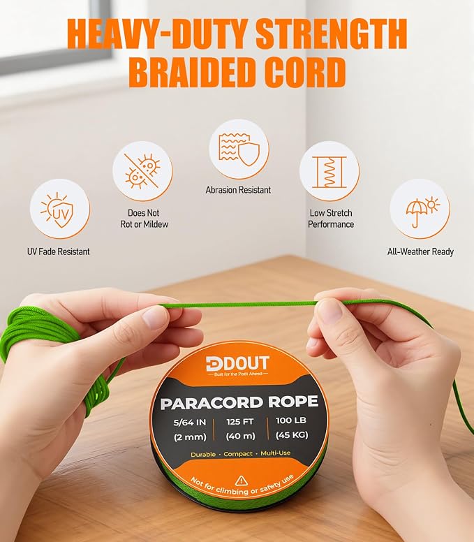 DDOUT 2mm Paracord 100lb, Thin Micro Paracord Rope, FLGreen 125FT Nylon Cord - Image 3