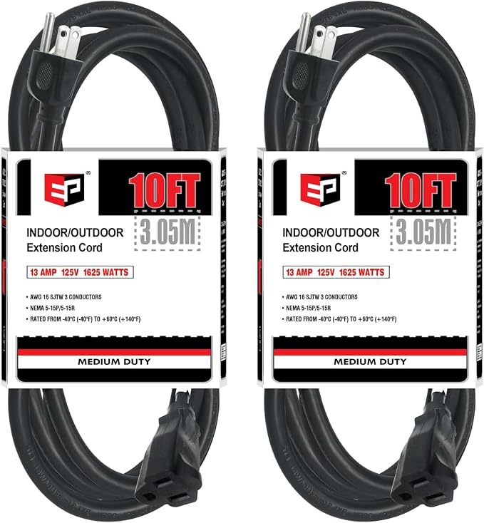 EP 2 Pack 10FT Black Outdoor Extension Cord, 16/3 SJTW Heavy Duty Waterproof by ENERGYPRO
