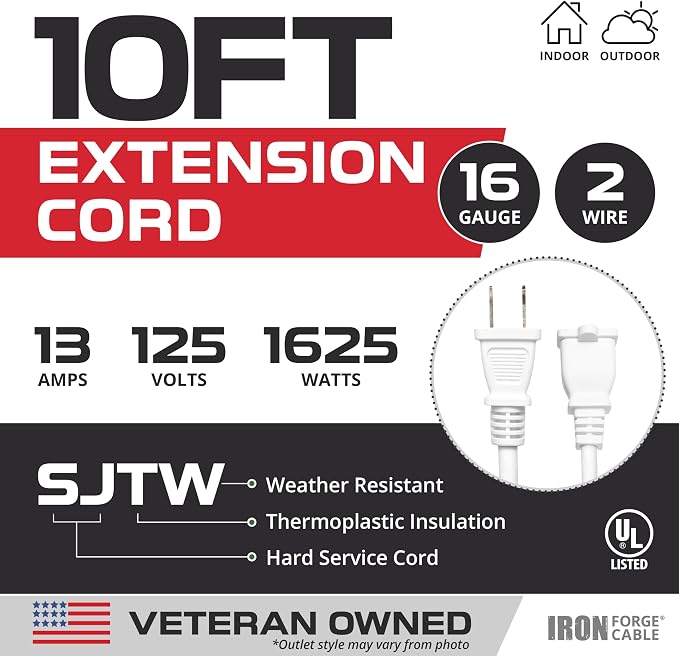 Iron Forge Cable 2 Prong Outdoor Extension Cord 10 ft, 16/2 SJTW 10 Foot White - Image 2