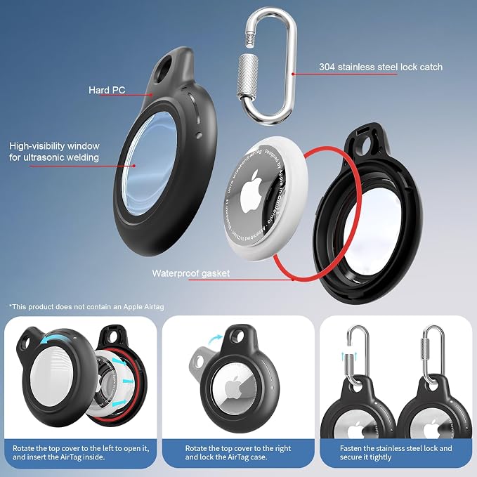 AirTag Holder with 304 Carabiner, 4 Pack IPX8 Waterproof Shockproof PC Hard Case - Image 2