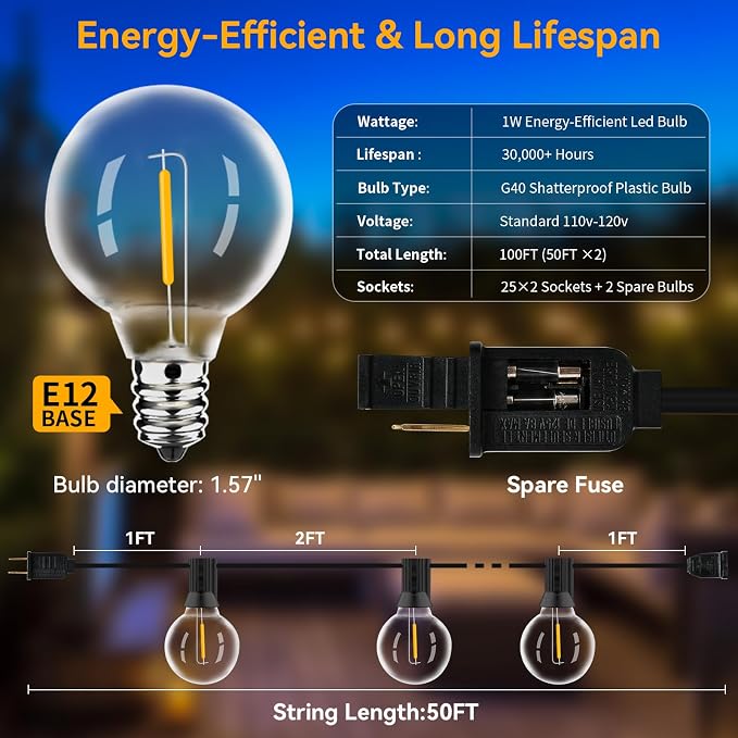 100ft Outdoor String Lights Waterproof/Connectable/Dimmable - Image 6