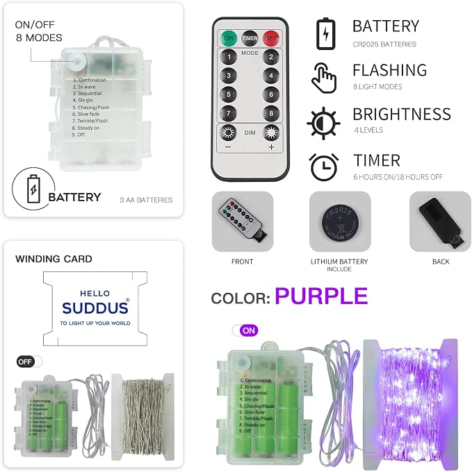 suddus Hallowee Fairy Lights Battery Operated, 33ft 100 LED Fairy Lights - Image 9