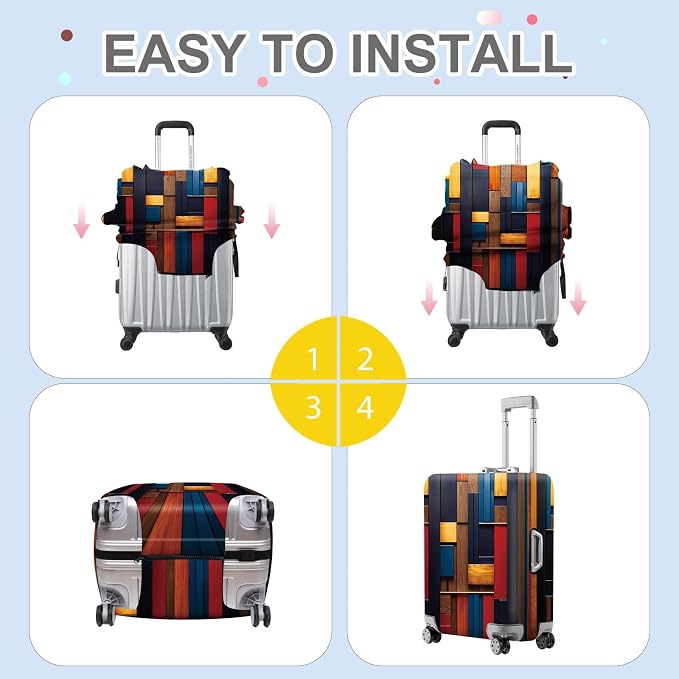 ANNA QUEEN Modern Geometric Wood Luggage Cover, Abstract Panel Suitcase - Image 5