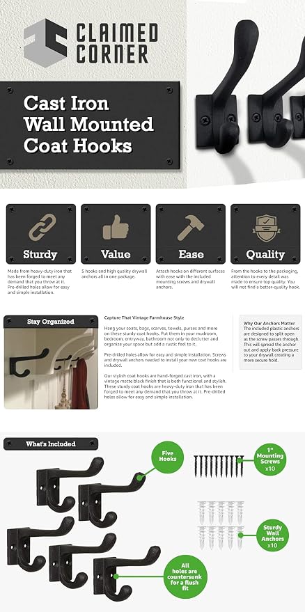 Claimed Corner Cast Iron Coat Hooks - Image 9