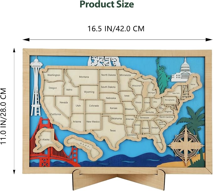 Wooden USA Landmark Travel Map, 16.5 x 11, 3-Layer Wood State Map Tracker Puzzle - Image 2