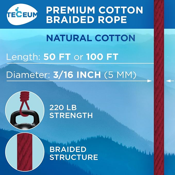 TECEUM Cotton Rope 3/16” – 100 FT – Strong All-Purpose Braided Rope – Natural - Image 2