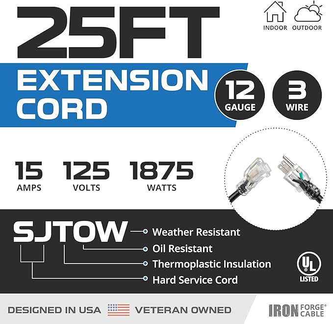 Iron Forge Cable 2 Pack 12 Gauge Outdoor Extension Cord 25 Ft, SJTOW 12/3 Heavy - Image 2