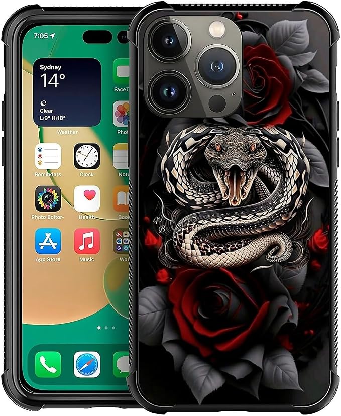 for iPhone 14 Pro Max Case, Entwined Rose Snake Pattern Graphic Design Girl Boy by FKBRCL4U