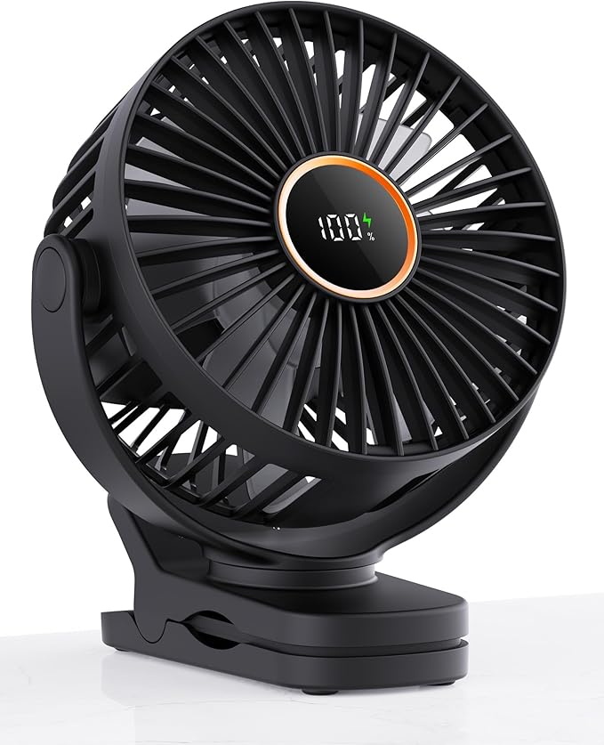 TUNISE Mini Clip on Fan, Battery Operated Desk Fan, Digital display，3 Speeds by TUNISE