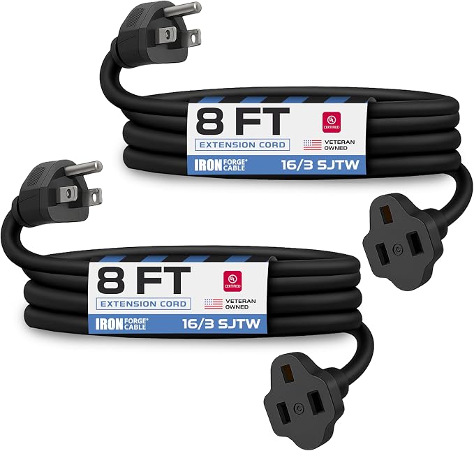 Iron Forge Cable 2 Pack 8 Ft Black Extension Cord, 8 Foot Extension Cord by IronForgeCable