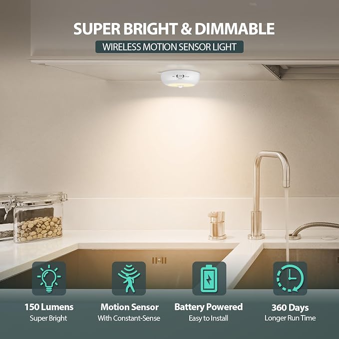 Reoshine Motion Sensor Light Indoor AA Battery Operated, Under Cabinet Lighting - Image 2