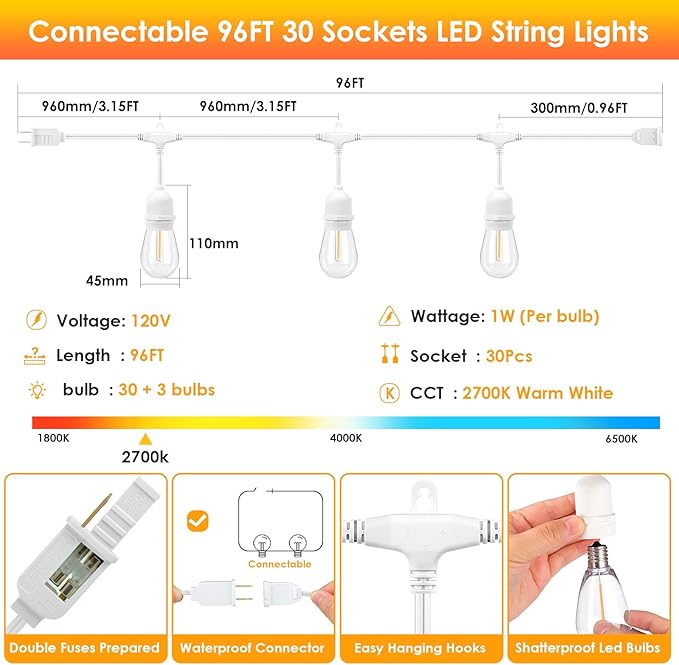 Mlambert White Cord 96FT Outdoor String Lights - Image 5