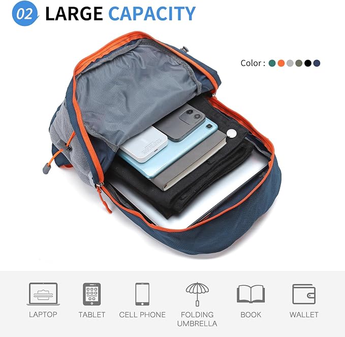 Hiking Daypack Packable, Camping Backpack Water Resistant Lightweight Polyester - Image 3