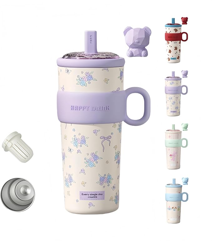 21oz Cute Bear Car Cup with Straw & Cap, Leak-Proof Portable Mug with Tea by Unknown