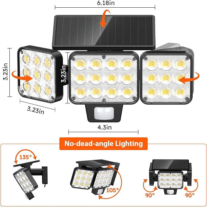 WdtPro Solar Lights Outdoor Flood Light 3 Pack, 3500LM Bright Motion Sensor - Image 8
