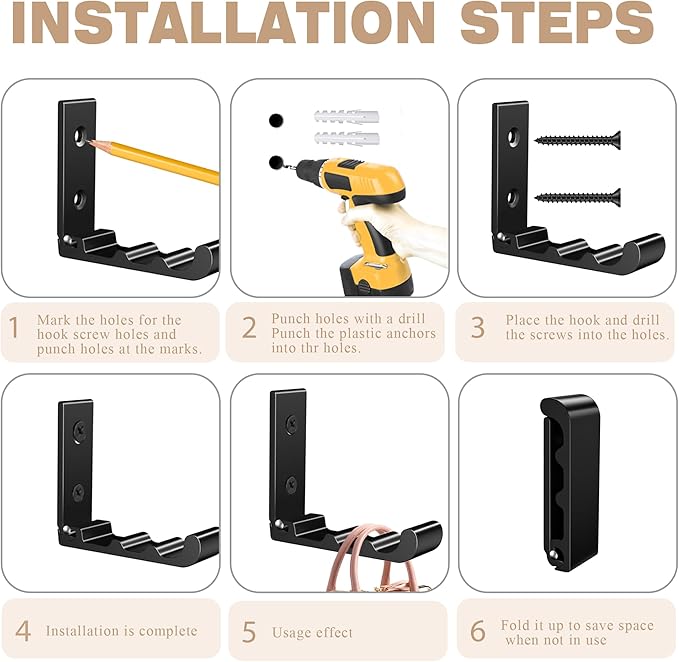 OHIYO 6 PCS Heavy Duty Folding Wall Hooks, Sturdy Black Wall Mounted Hooks - Image 5