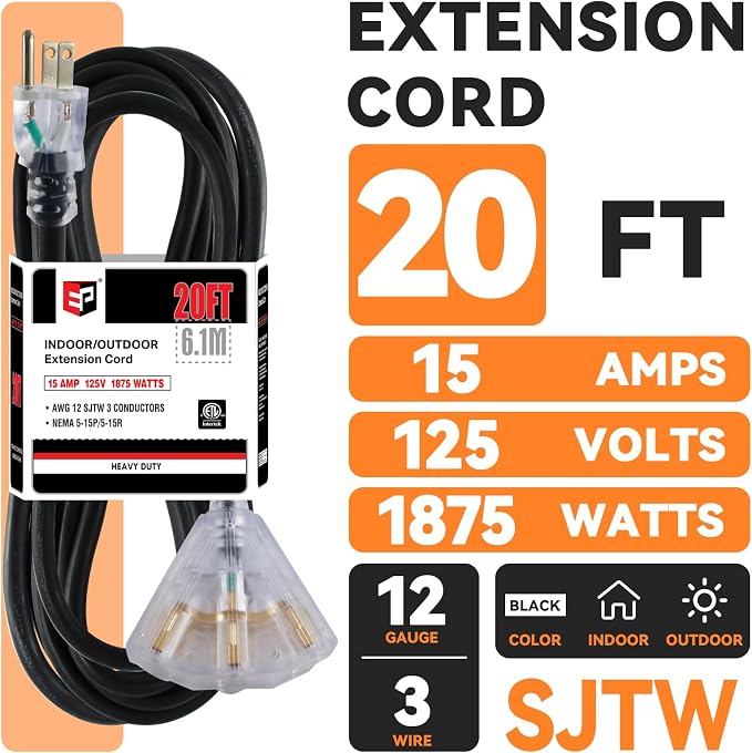 EP 20 Ft 12 Gauge Heavy Duty Extension Cord, 15A 125V 1875W, 3 Outlet - Image 2