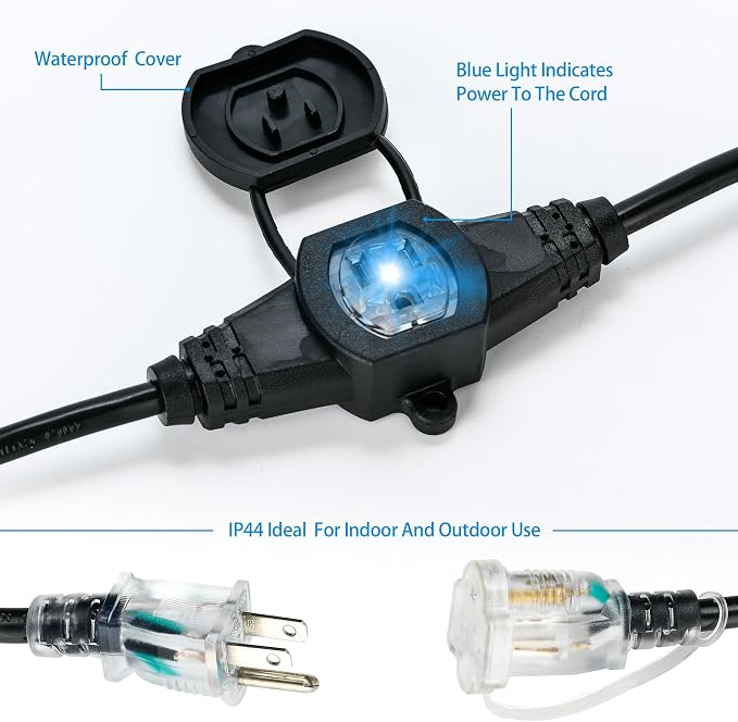 20FT 16 Gauge Multi-Outlet Outdoor Extension Cord, 4 Evenly Spaced Weatherproof - Image 3