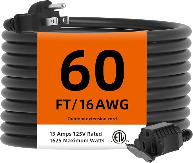 TiFFCOFiO Indoor Outdoor Extension Cord Waterproof, 60 Feet 3 Prong Power Cord by TiFFCOFiO