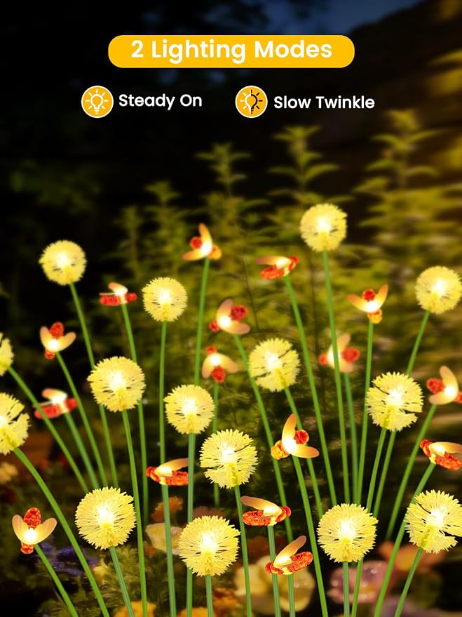 Solar Garden Lights Outdoor, 8 Pack 64 LED, Solar Swaying Dandelion Bee Lights - Image 5