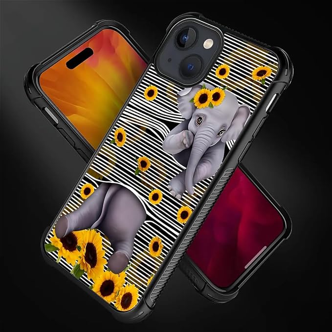 for iPhone 15 Plus Case, Cute Little Elephant Sunflower White Line Art Pattern - Image 2
