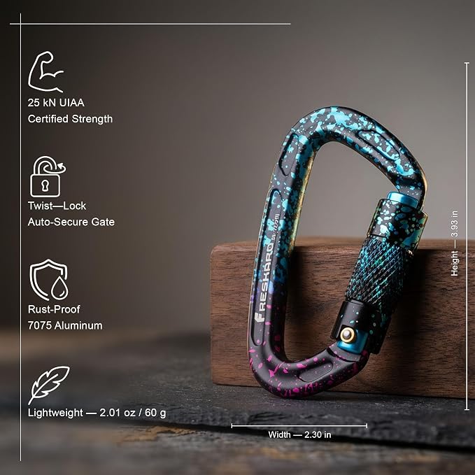 FresKaro UIAA Certified 25KN Auto Locking Climbing Carabiner Clips, Twist Lock - Image 2