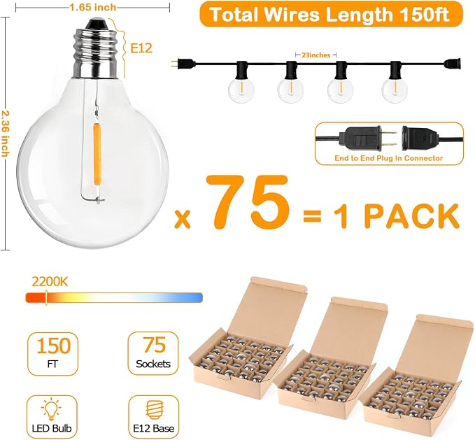 150FT LED Globe Outdoor String Lights, Dimmable Patio - Image 3