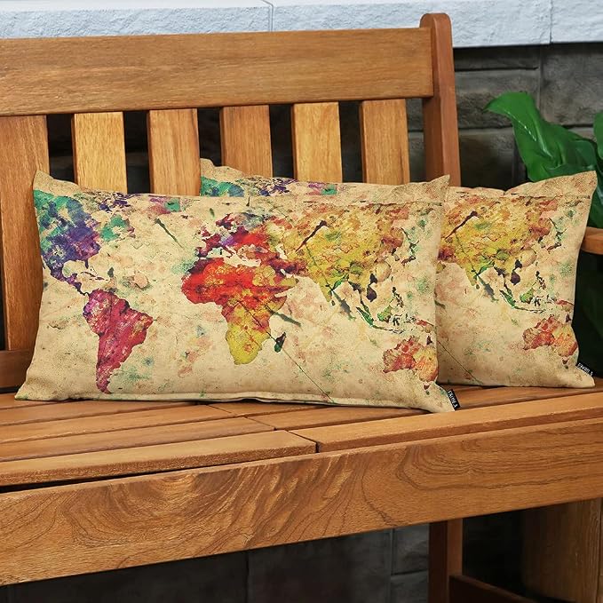 EKOBLA Watercolor World Map Lumbar Pillow Cases Vintage Global Stain Graphic - Image 3
