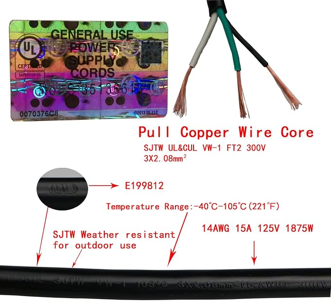 10 Feet Tool Power Cord 14AWG Heavy Duty 3 Prong 15A 125V 105℃ Temperature - Image 5