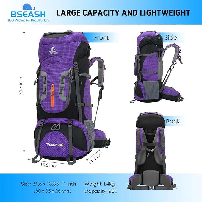 Bseash 80L Waterproof Hiking Camping Backpack - Image 2
