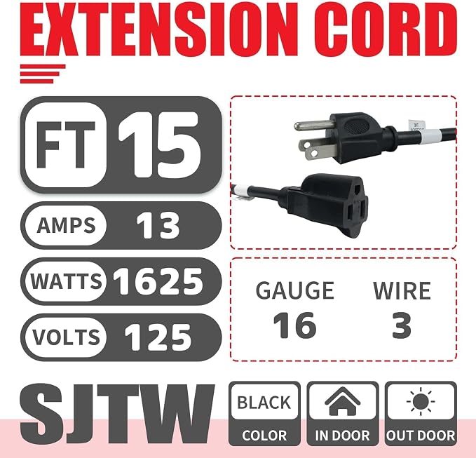 EP 15FT Black Outdoor Extension Cord, 16/3 SJTW Heavy Duty Waterproof, 3 Prong - Image 2