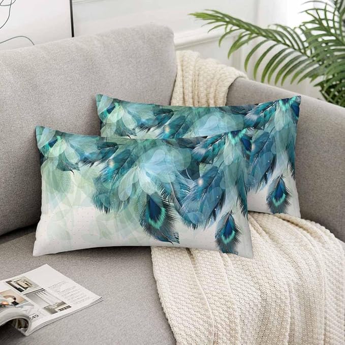 Peacock Feather 12 X 20 Pillow Covers Watercolor Gradient Blue Soft Halo Green - Image 5
