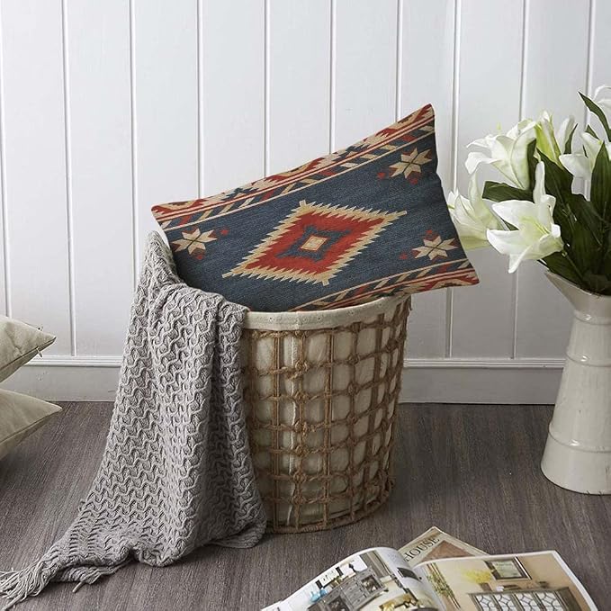 TKS MITLAN Southwest Diamond Blue Red Pillow Covers 12 x 20 Inch Indian Style - Image 6