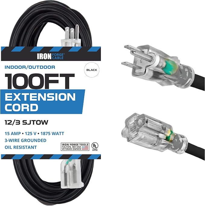 Iron Forge Cable 12 Gauge Outdoor Extension Cord 100 Ft, SJTOW 12/3 Heavy Duty by IronForgeCable