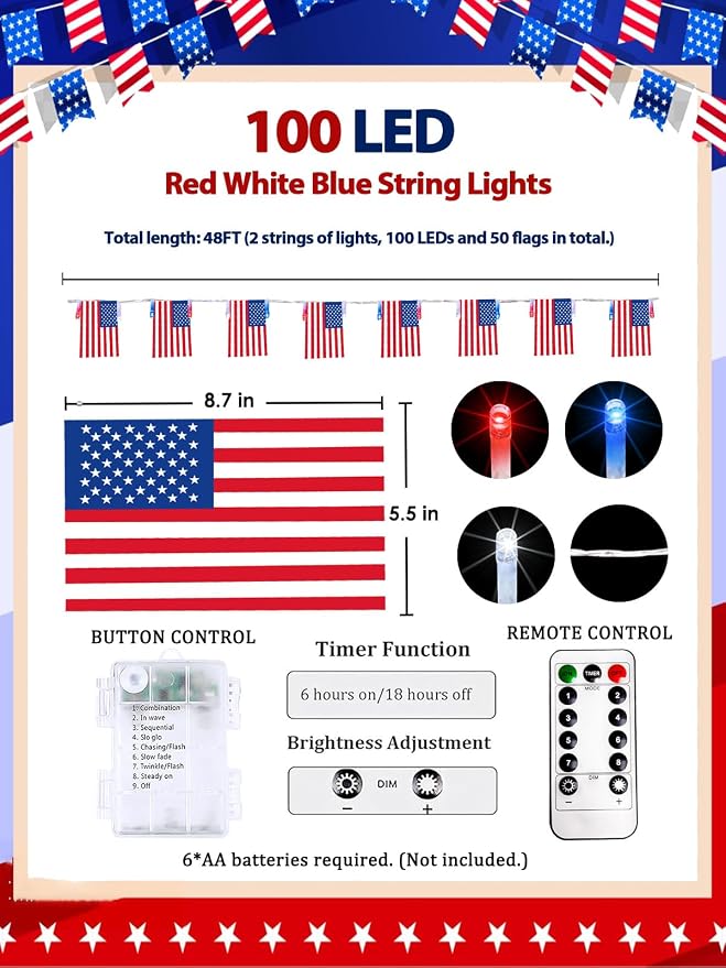 4th of July Patriotic Lights, 2PK 48FT 100LED Red White Blue String Lights - Image 6
