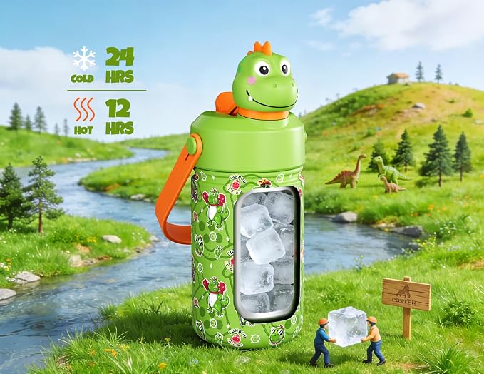 POWCAN 12 oz Kids Stainless Steel Water Bottle: 2-in-1 Straw Spout Lid - Image 2